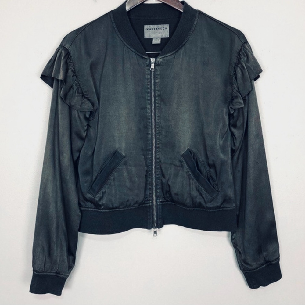 Marrakech x Anthropologie Cupro black ruffle satin full zip Windbreaker.Size L